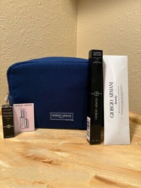 Giorgio Armani Navy Denim Cosmetic Pouch with Branded Brushes and Lip Gloss
